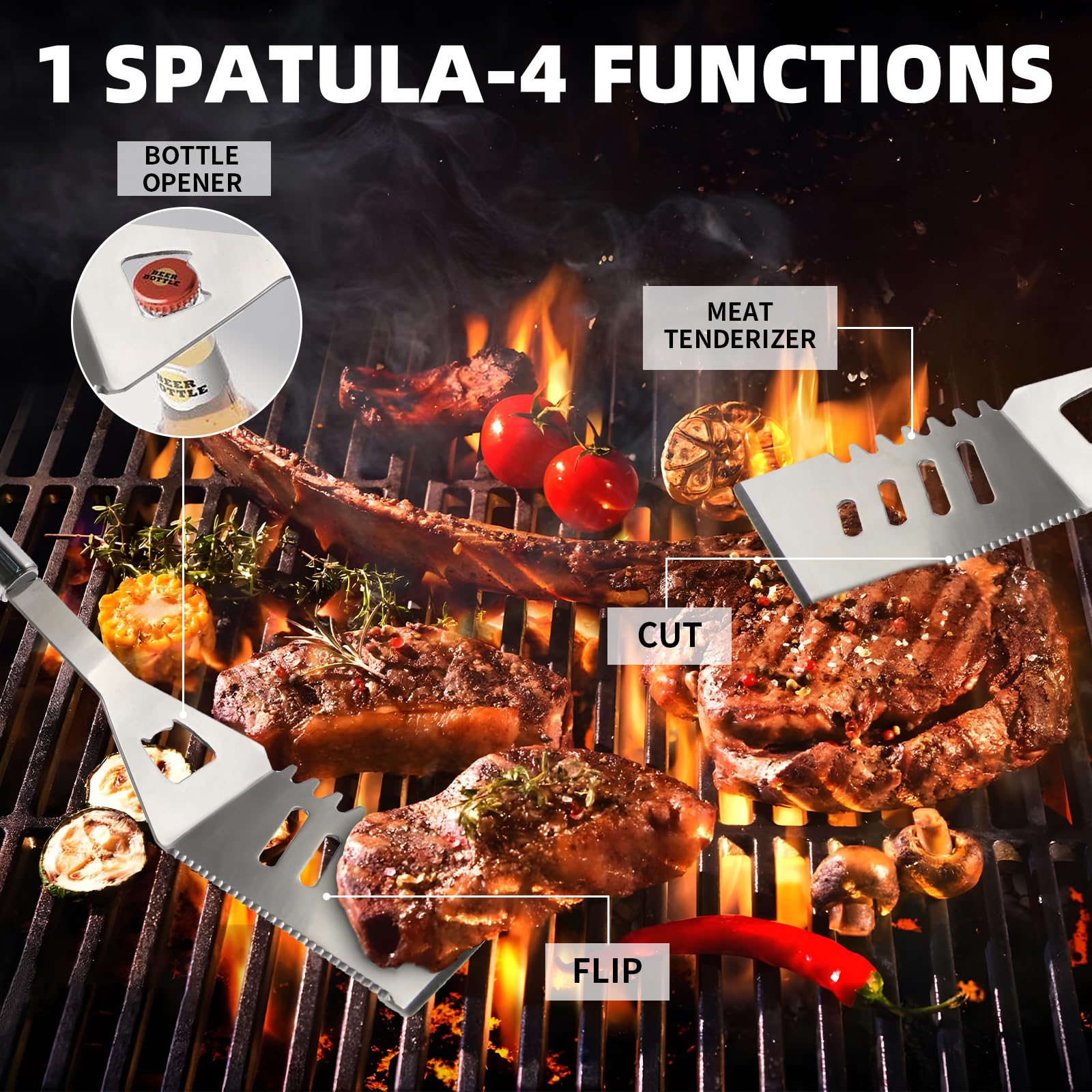 Ensemble d'ustensiles de barbecue 5 en 1, 5 pièces en acier inoxydable avec thermomètre pour camping, barbecue, pique-nique - 4