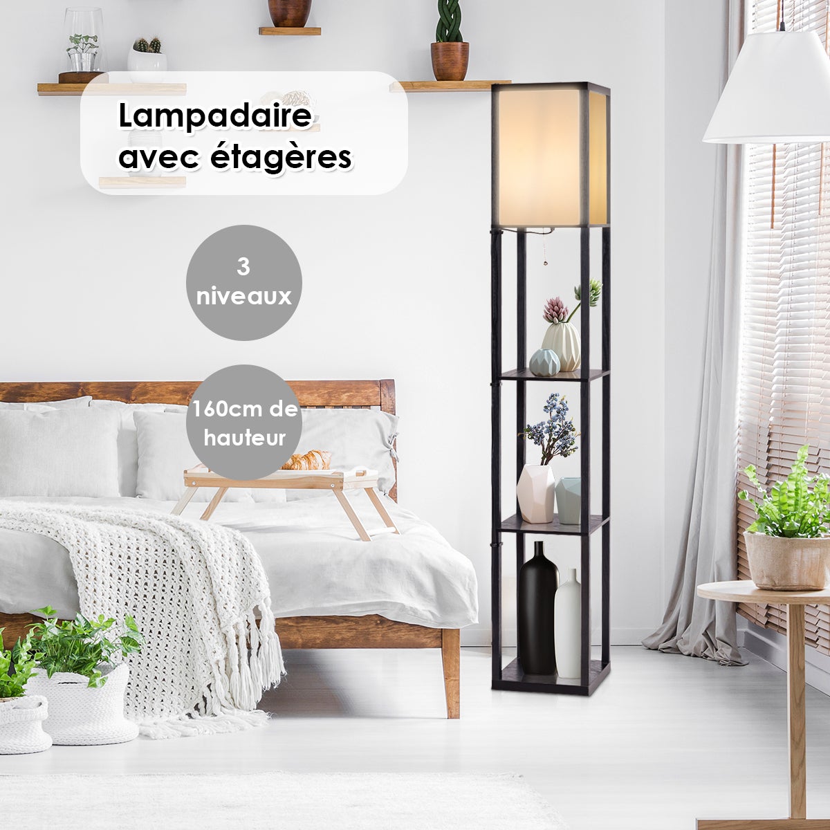 Lampa stojąca z 3 poziomami półek 220-240 V, 60 W Skandynawski design do sypialni i salonu, 26 x 26 x 160 cm, (żarówka nie wchodzi w skład zestawu) - 6
