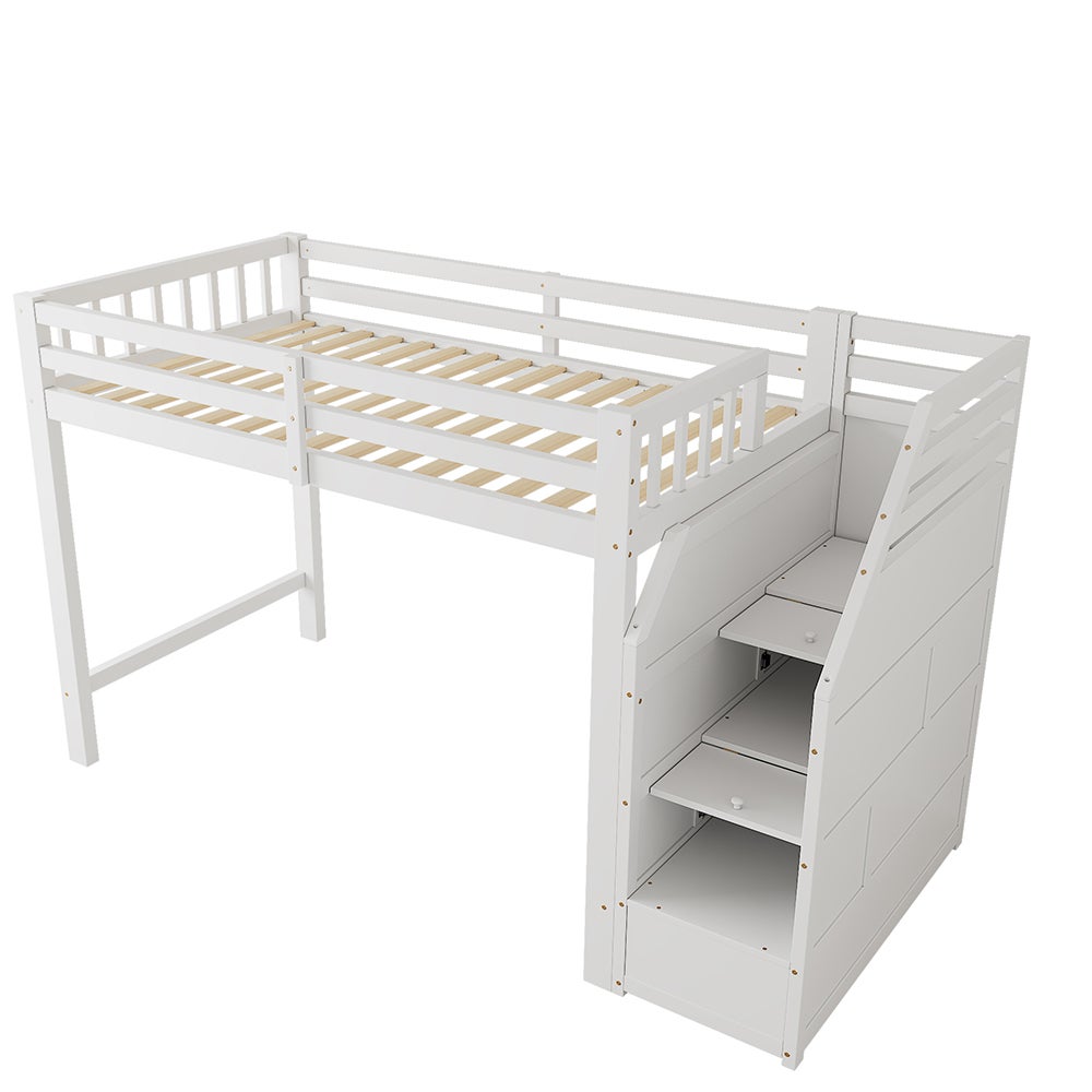Lit en mezzanine 90x200 cm, avec sommier à lattes, rails, marches escamotables, espace librement combinable sur demande, certifié EN 747, blanc - 7