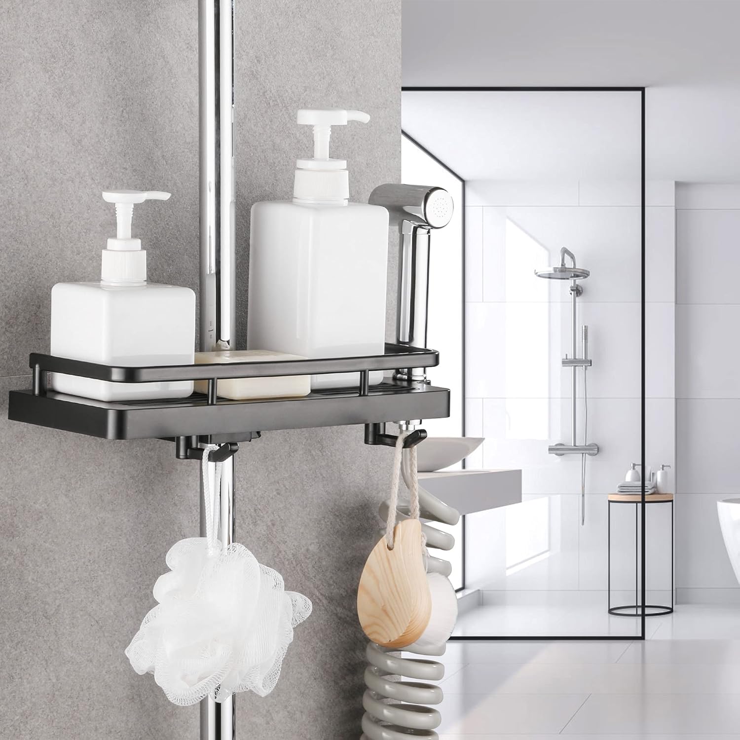Support de douche, lot de 2, rangement de salle de bain, sans perçage, montage mural, antirouille, autocollant, noir 24MM-25MM - 3