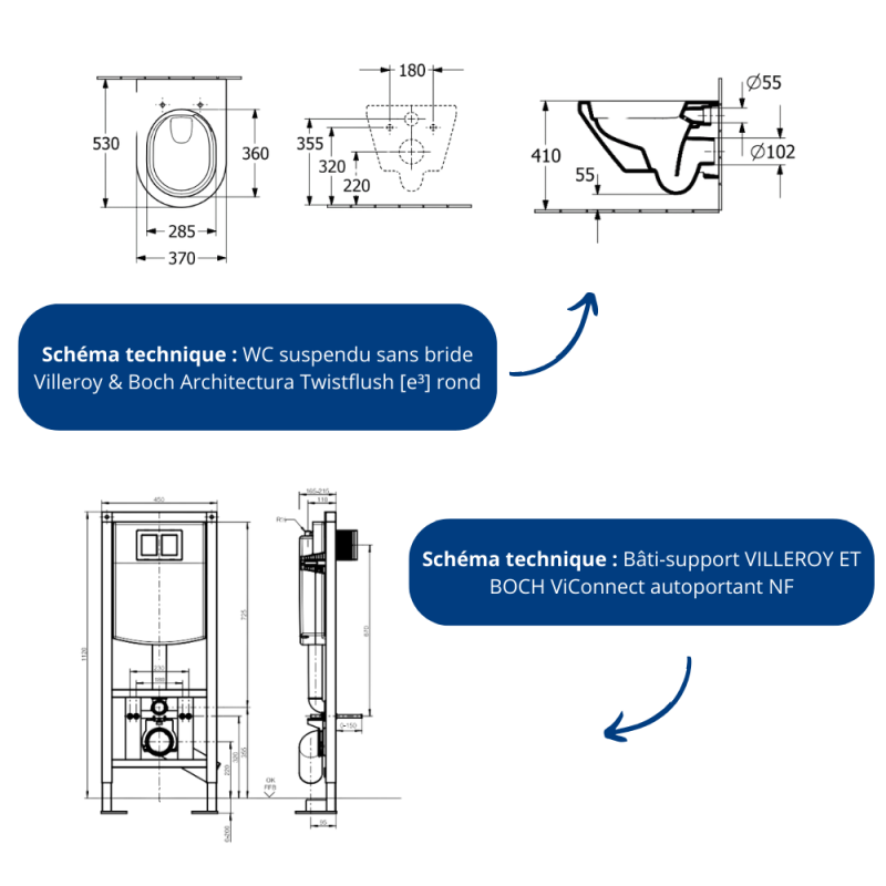 Pack WC suspendu sans bride Villeroy & Boch Architectura Twistflush [e³] rond + bâti-support ViConnect + plaque chrome mat - 4