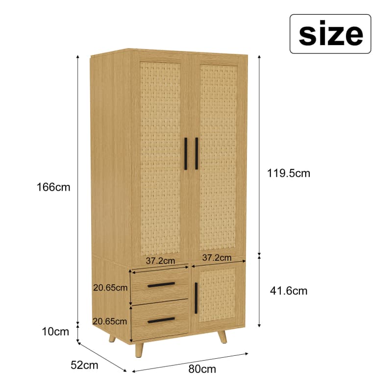 Móvel de arrumação madeira carvalho, portas rattan, 2 gavetas, 1 compartimento, estilo escandinavo, pés madeira, para quarto e sala. - 4