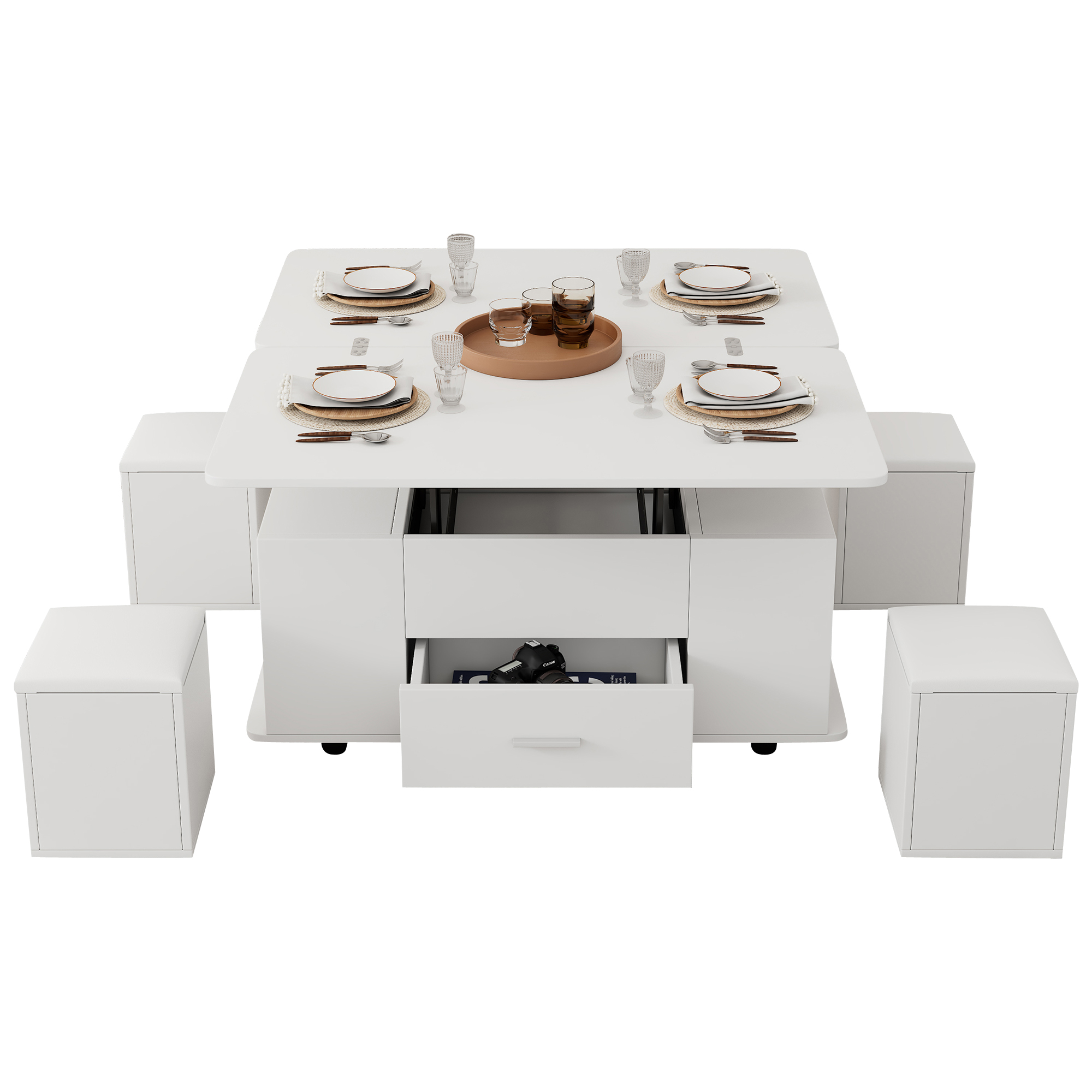 Table basse avec plateau relevable, 1 tiroir et 4 tabourets - 100 x 50 x 45 cm - Panneau de particules - Blanc - 9