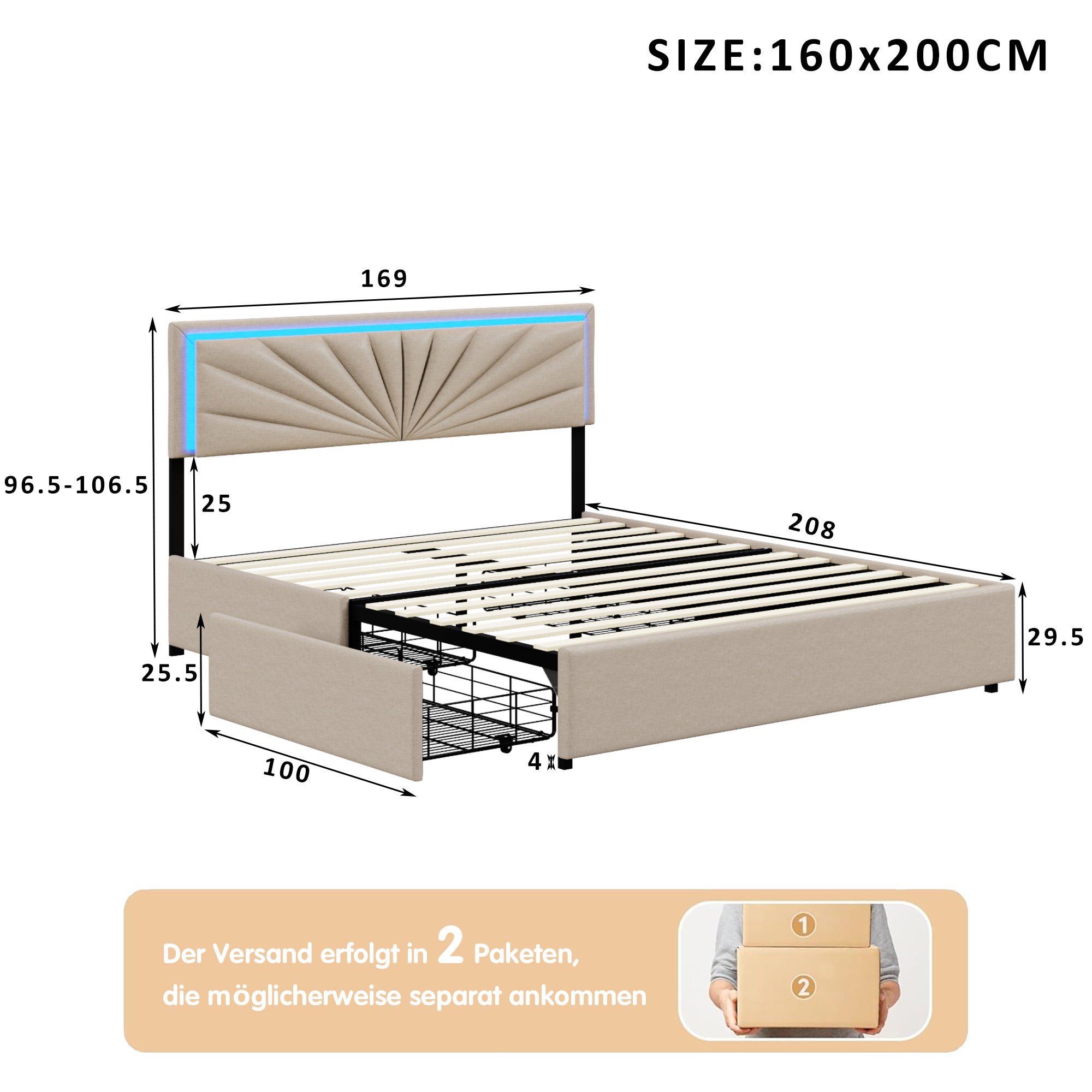 Lit double 160x200 cm - COZY- tissu en lin - 4 tiroirs - LED - lit 160x200 cm - Beige - 6