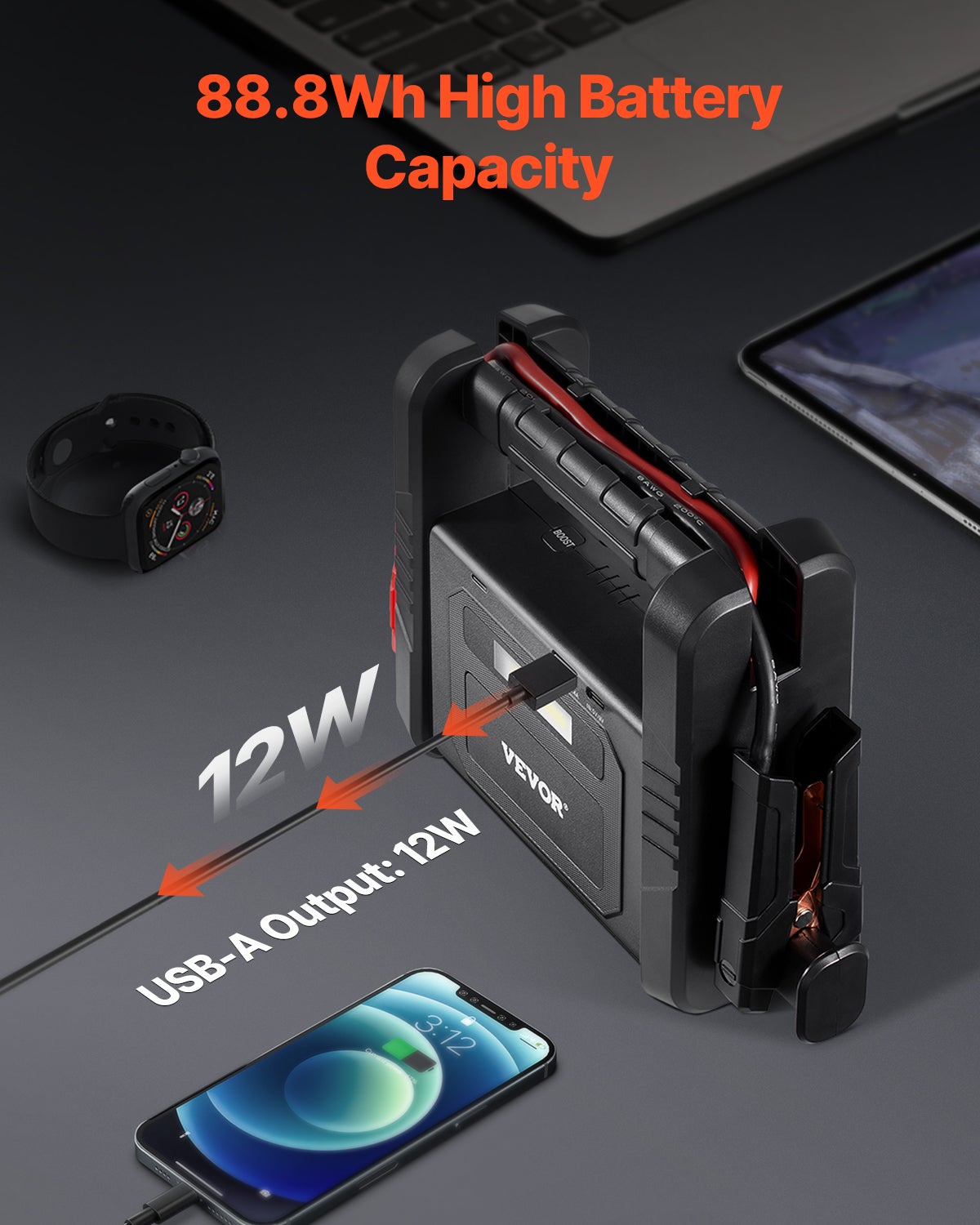Booster Bateria Auto 4000A 88,8Wh VEVOR, Arrancador Portátil de Lítio com Cabos, Ecrã LCD e LED, Gasolina/Diesel ≤10L, Sem Compressor - 5