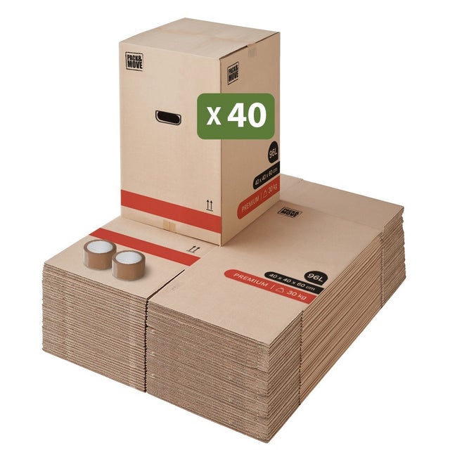 Carton déménagement premium - Résistant double cannelure - 40 x 40 x 60 cm - Lot 40 - Poignées renforcées