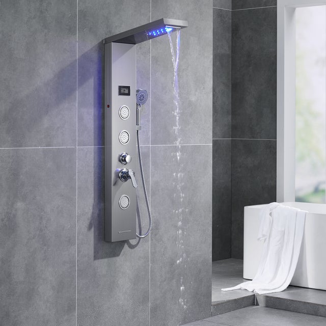 Panneau Douche AuraLum Max Colonne Douche Hydromassante LED Panneau de Douche en Acier Inox Brossé avec 3 Jets de Massage pour Salle bain,EU Modèle