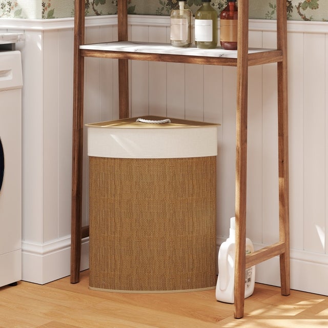 Cesto de ropa sucia de esquina HOMCOM de bambú con tapa, 55L, bolsa extraíble y lavable, ideal para el baño, color marrón