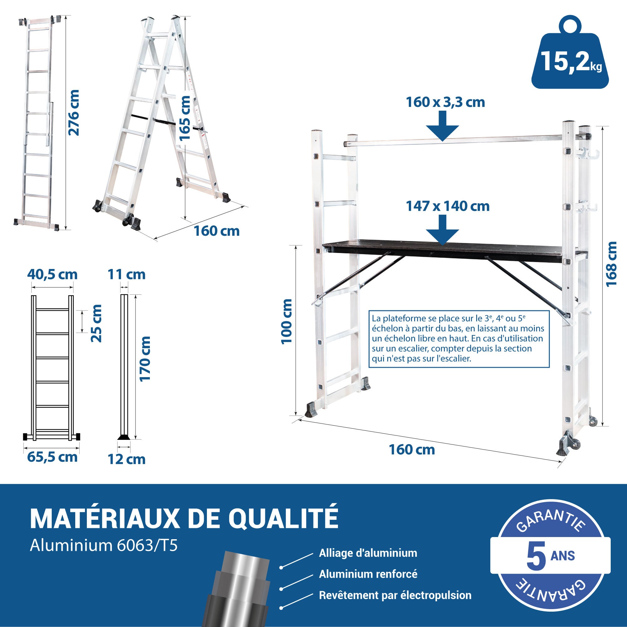 HOSTRÖM Echafaudage roulant SCAFFOLDAX2X6, échafaudage jardin et pliant multifonction 4 en 1, echelle 2 plans, H max Travail 4,46m, Garantie 5 ans - 5