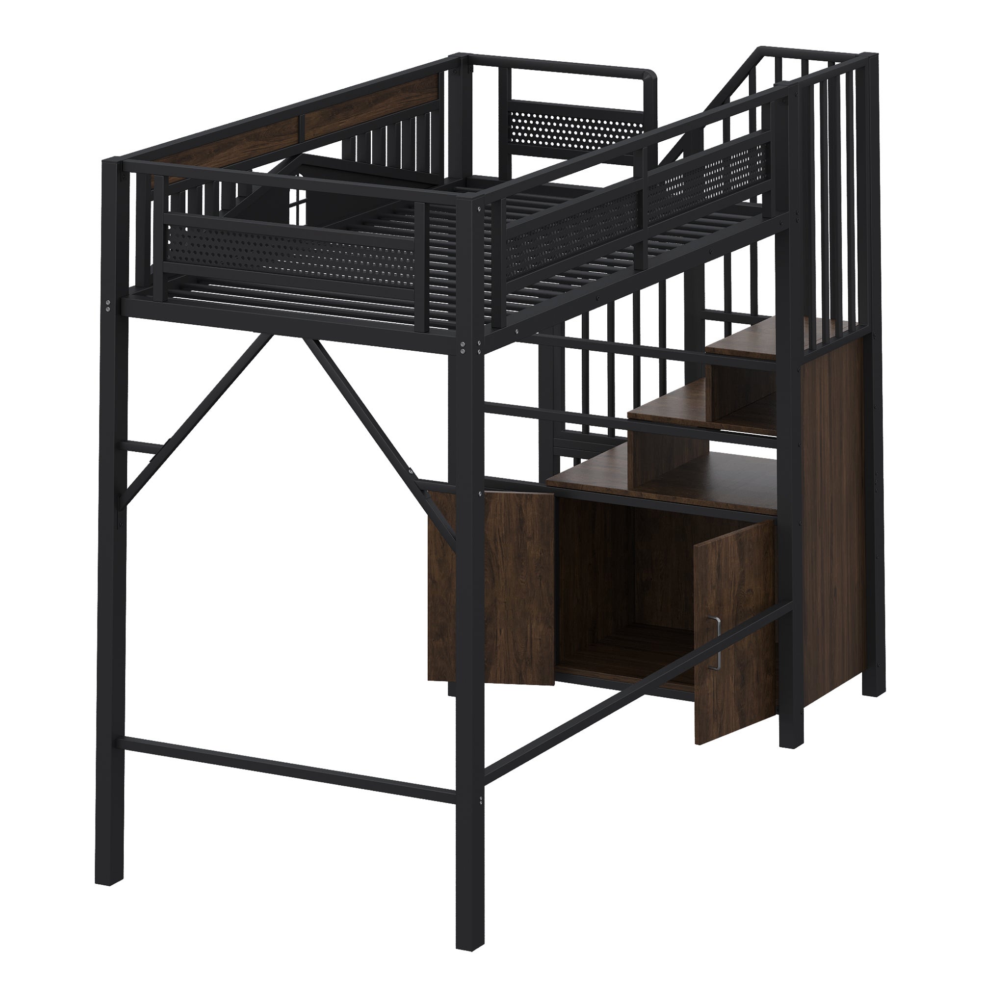 Łóżko piętrowe 90 x 200 cm ze schowkiem i przegródkami pod schodami - Metal i MDF - Czarne (Materac nie jest wliczony w cenę) - 10