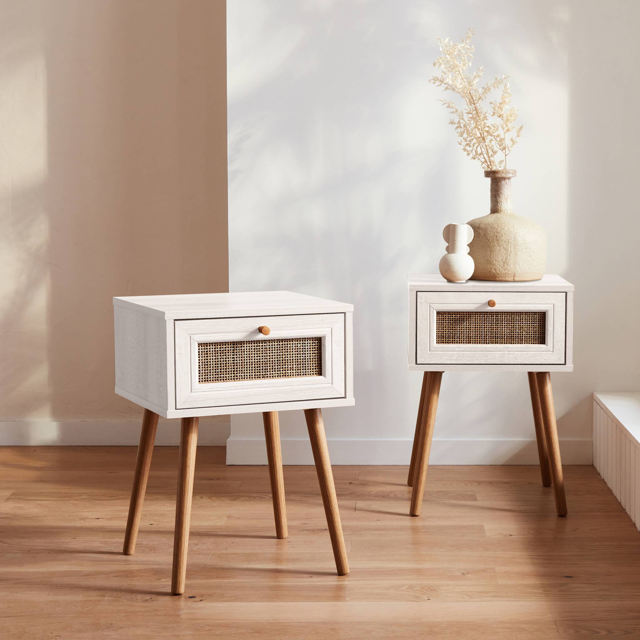 Mesita de noche de 1 cajón con efecto madera y caña, set de 2, Blanco roto - 2