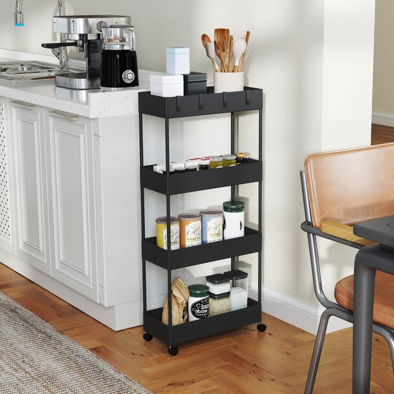 4-poziomowy wózek do przechowywania z kółkami i hamulcami, czarny Kompaktowa półka kuchenna ABS 90 cm