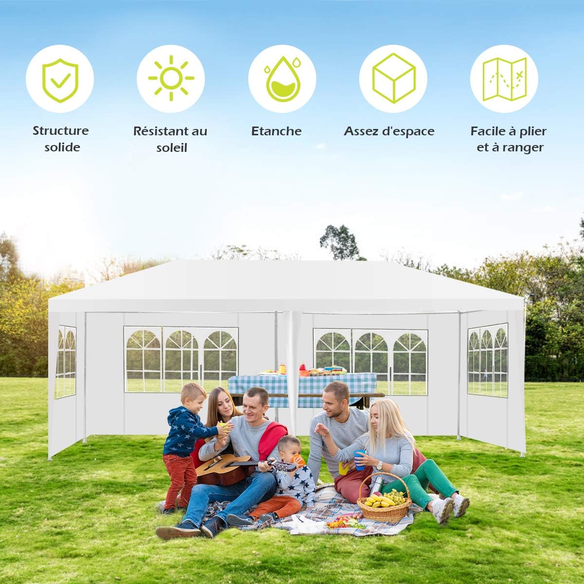 Tonnelle 3x6M Tente de Réception 6 Bâches avec Fenêtres-Pergola avec Piquets et Cordes-Tissu étanche/Résistant au Soleil - 4