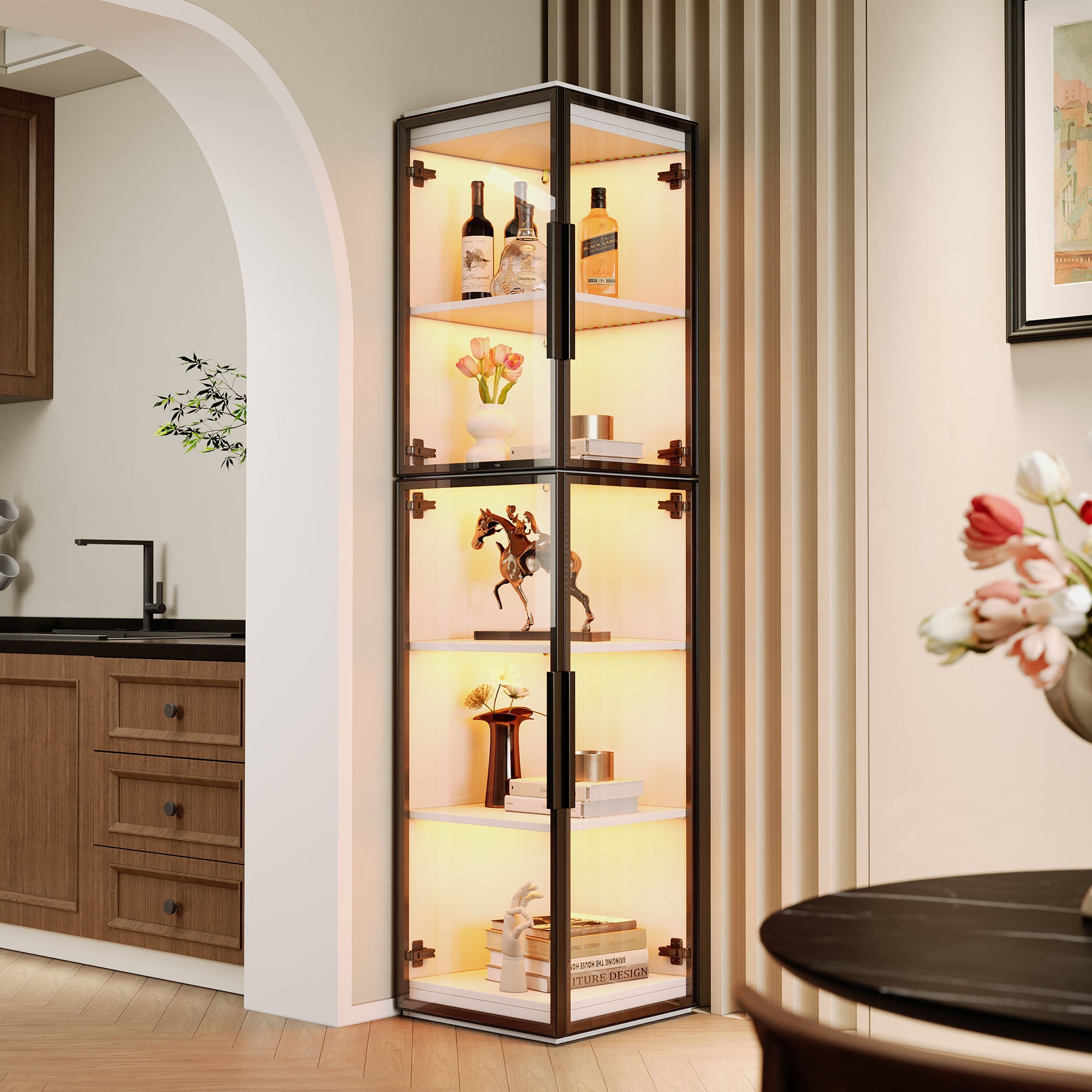 Vitrine en verre Étroit avec lumières LED,Vitrine autoportante en acrylique,Équipé de portes doubles,Vitrine d'angle transparente à visibilité à 360° - 5