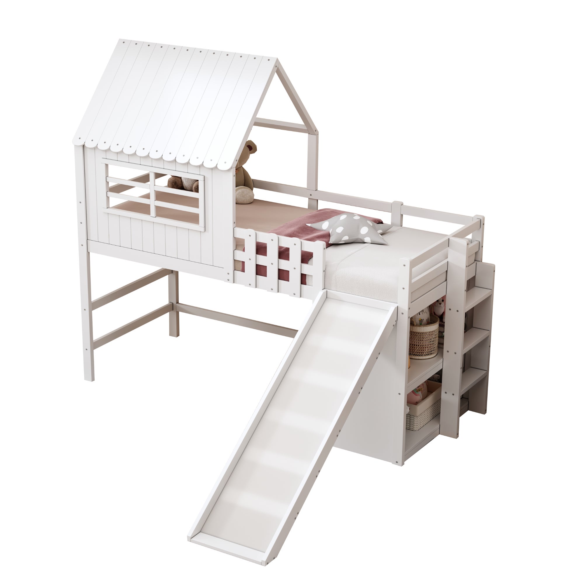 Letto per bambini 90 x 200 cm con scaletta e scivolo di sicurezza, vani portaoggetti a più livelli, letto singolo, letto a castello, bianco - 7