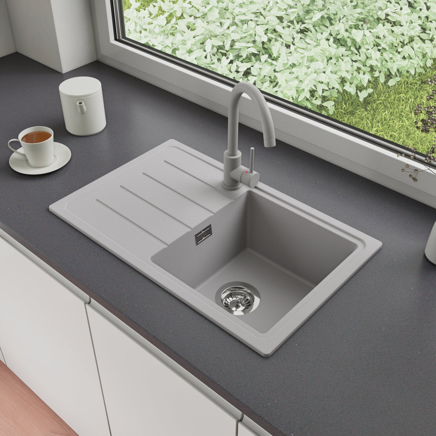 Zlewozmywak Granitowy 70x44cm, do szafki od 45cm + Bateria + Syfon - Ametyst Szary STONESTYLE