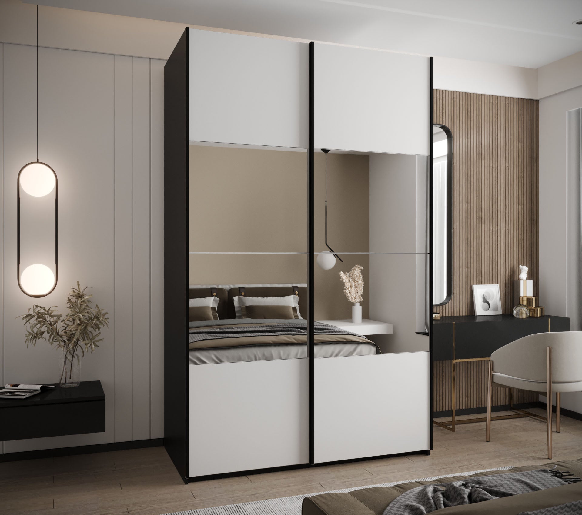 Szafa przesuwna wysoka Lux 4 150 x 64 x 245,5 cm czarny + biały + u. czarny - Abiks Meble - 2