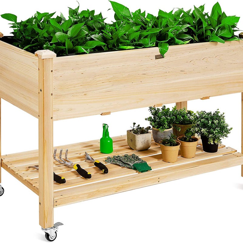 Podwyższona grządka z półką i rolkami, podwyższona grządka ogrodowa z drewna, skrzynka na rośliny z regulowanymi kółkami i folią maskującą,