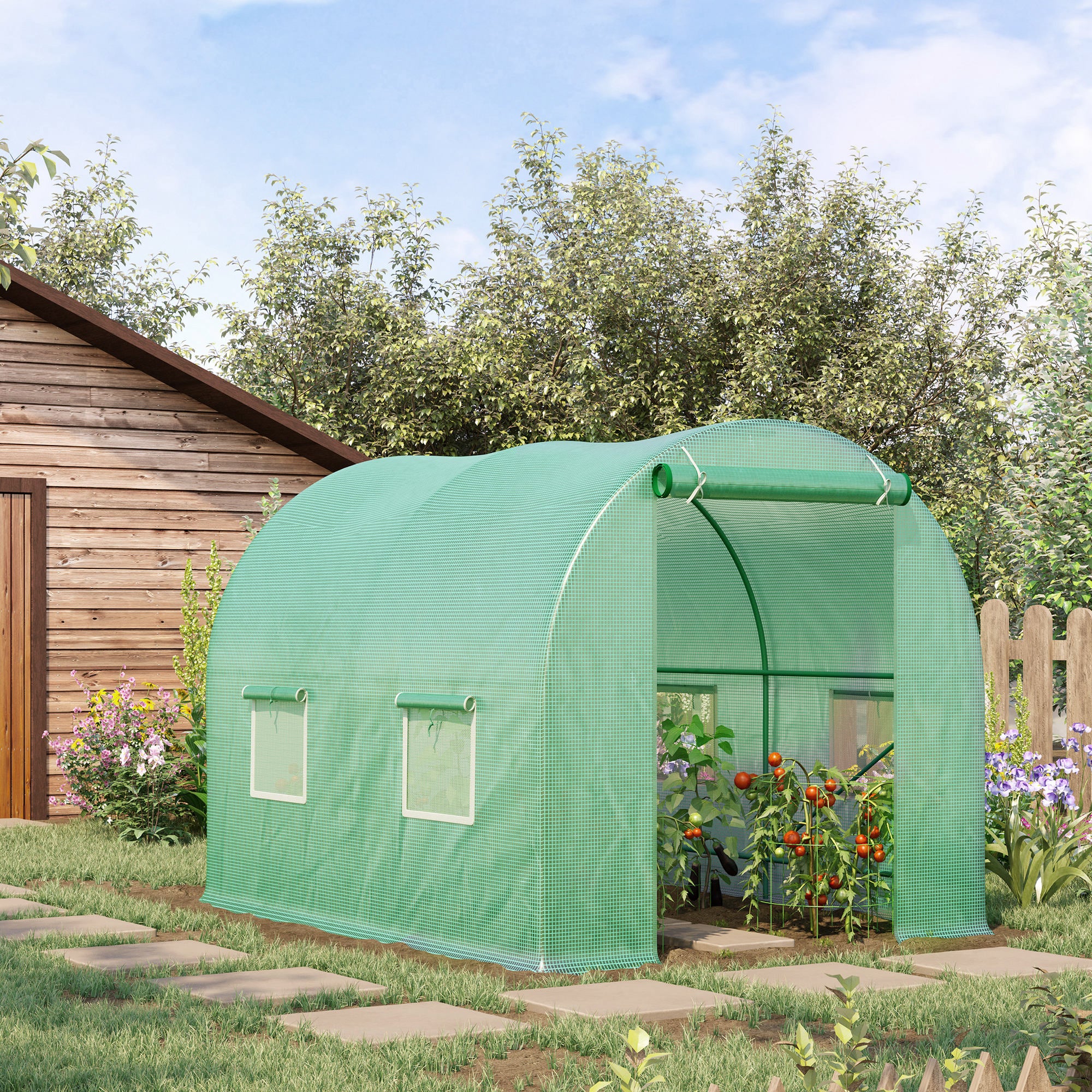 Serre de Jardin Tunnel 5 m² 2,5L x 2l x 2H m Acier renforcé Ø 1,8 cm + PE Haute densité 140 g/m² fenêtres Porte déroulante Vert - 4