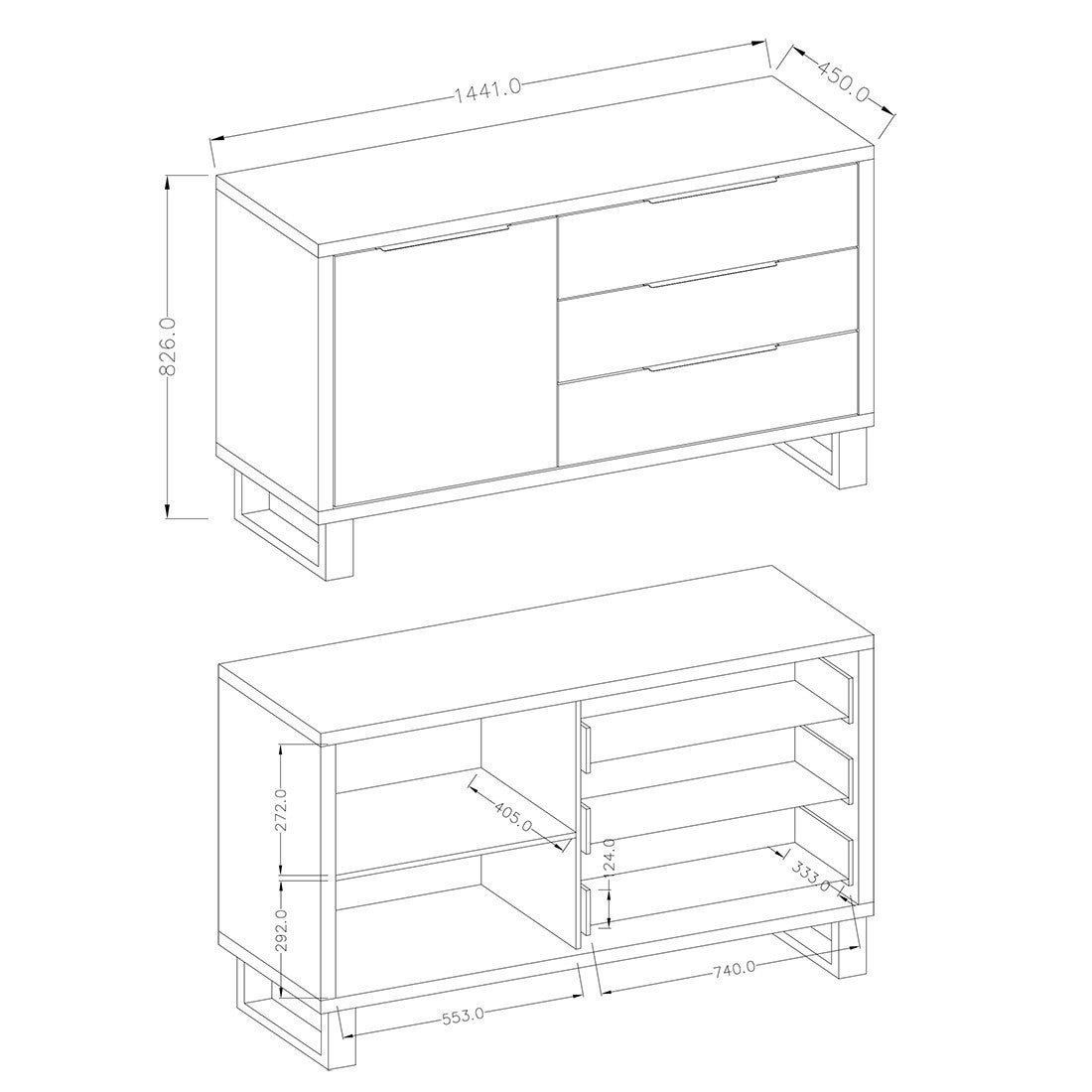 Buffet design 140cm. Collection MILO une porte et trois tiroirs. Coloris chêne. - 3