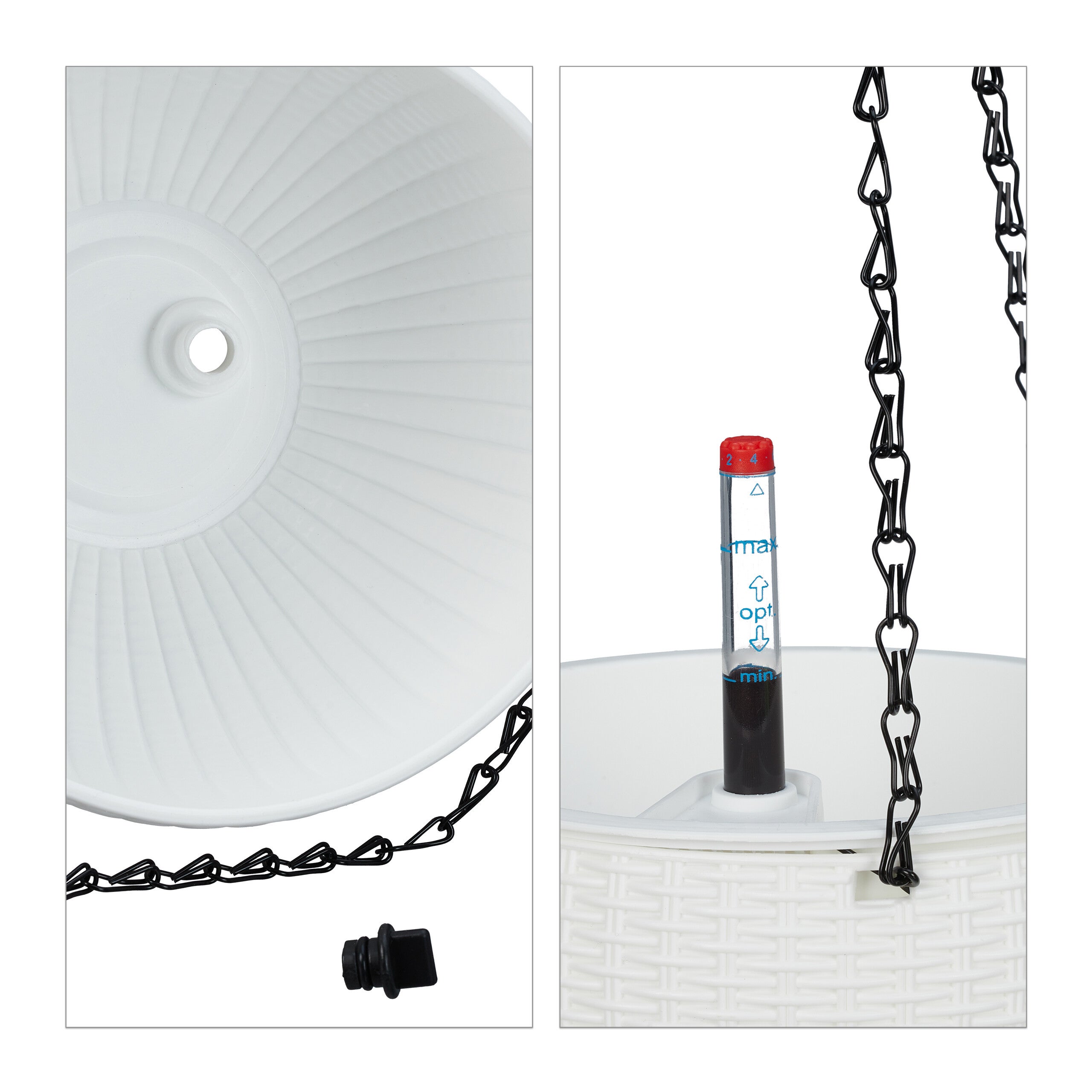 Pot de fleurs suspendu, lot de 2, trou de drainage, indicateur niveau d'eau, aspect tressé, 54x18,5 cm, blanc, Relaxdays - 7
