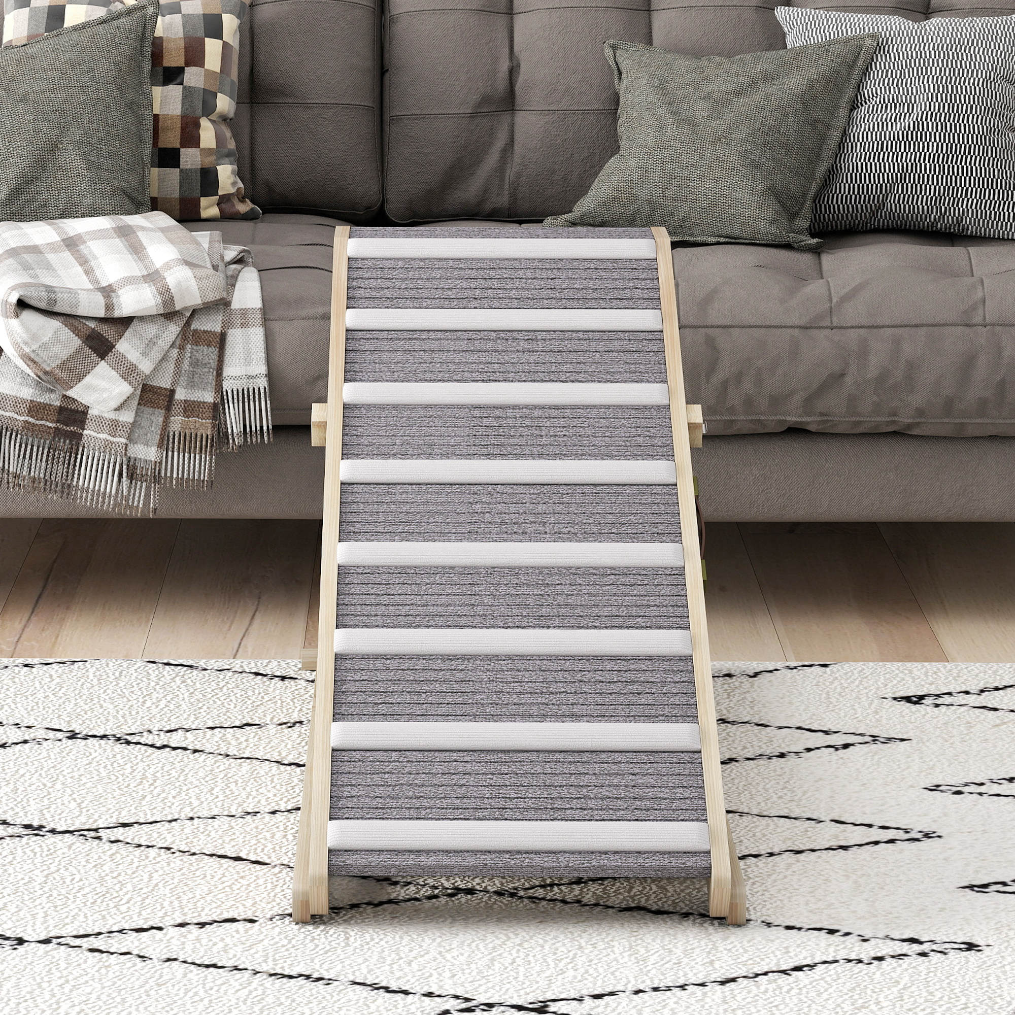 Rampa para Perros PawHut Madera de Pino, Tela de Alfombra Madera Natural y Gris 120x50x60 cm D06-283V01ND - 5