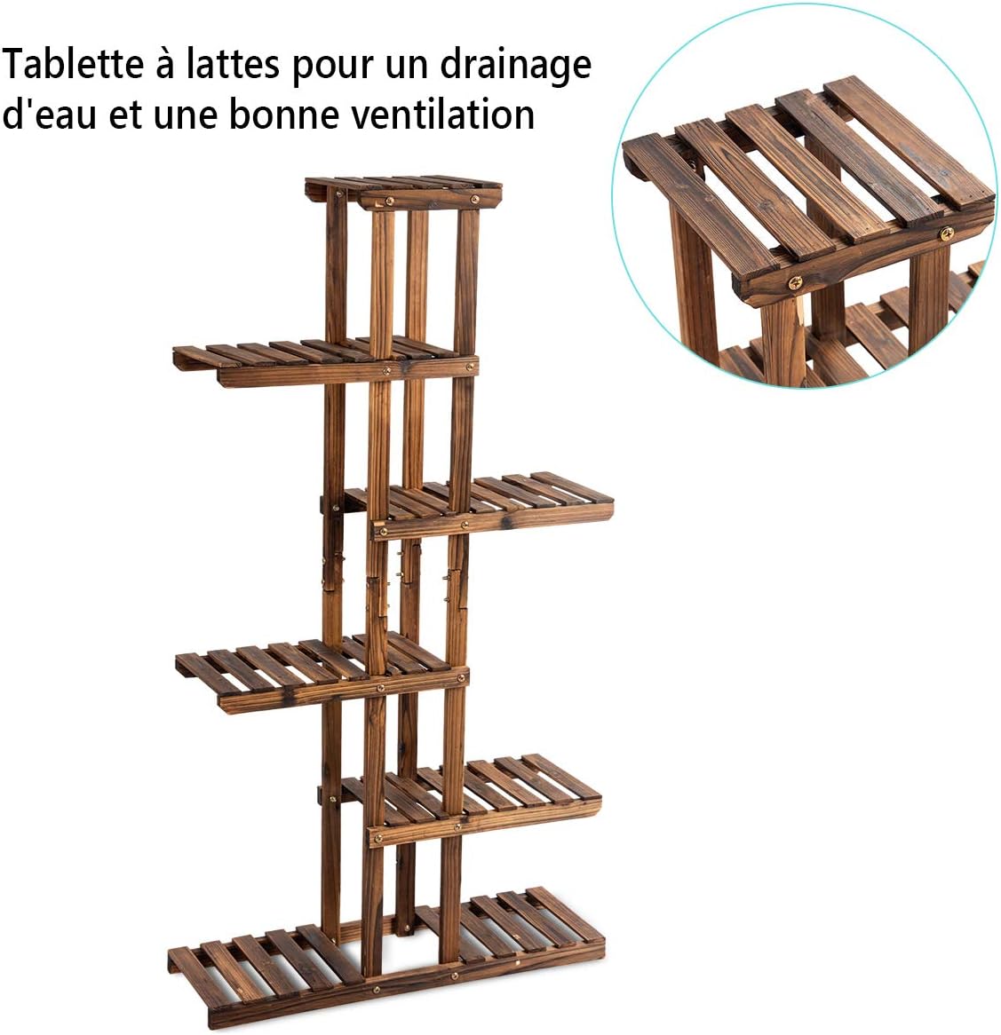 Etagère à Fleurs en Bois à 6 Niveaux, Porte-Plantes en Sapin pour Balcon Terrasse Salon, 140,5 x 25 x 75 cm - 5