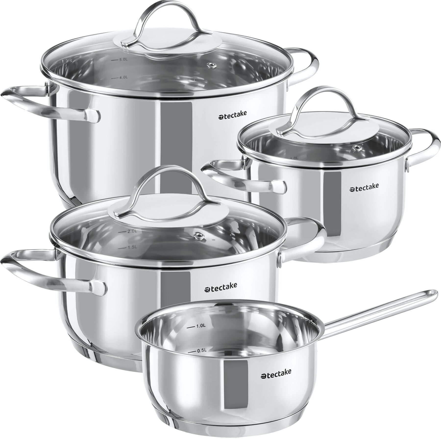 Juego De Ollas Tectake 7 Piezas Acero Inoxidable - 3 Ollas Y Cazo, Apto Inducción, Con Escala Y Tapas De Cristal