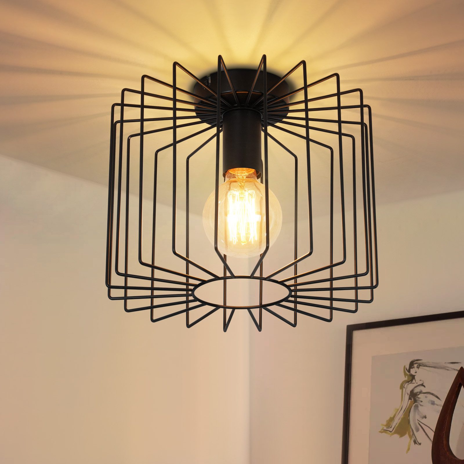 NETTLIFE Plafonnier Vintage E27 Lustre Cage Noire 27CM Lampe de Couloir ...