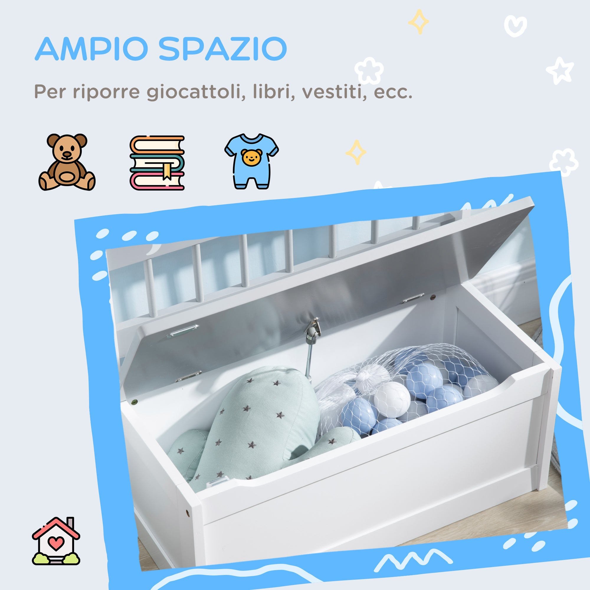ZONEKIZ Cassapanca Moderna Portagiochi 2 in 1, Sedia per Bambini con Leva a Gas, in MDF e Legno di Pino, 60x30x50 cm, Bianco e Grigio - 6
