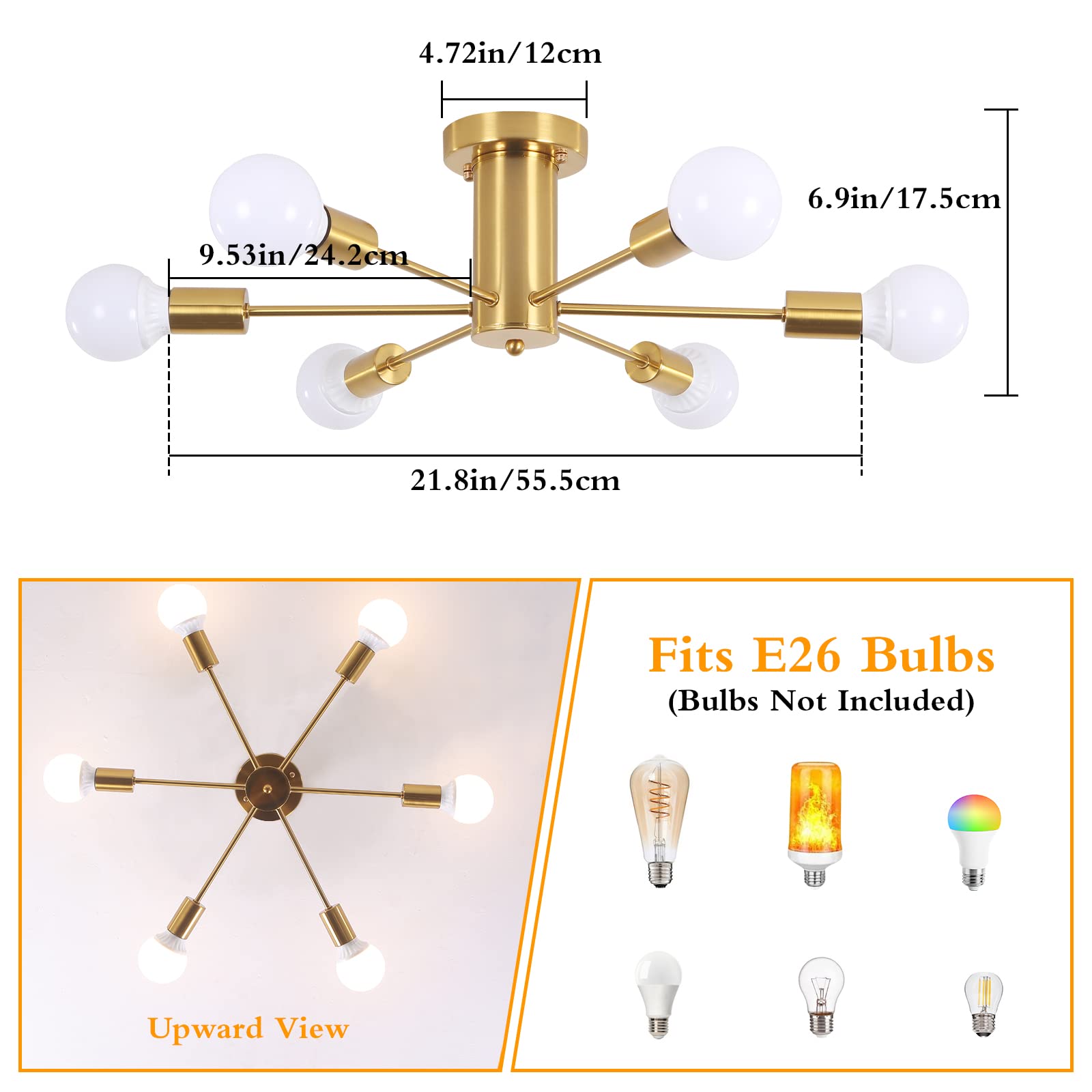 Lampa sufitowa półpłaska, lampa sufitowa z 6 głowicami, nowoczesny żyrandol Sputnik,lampawisząca z połowy XX wieku, złota (żarówka nie jest dołączona) - 4