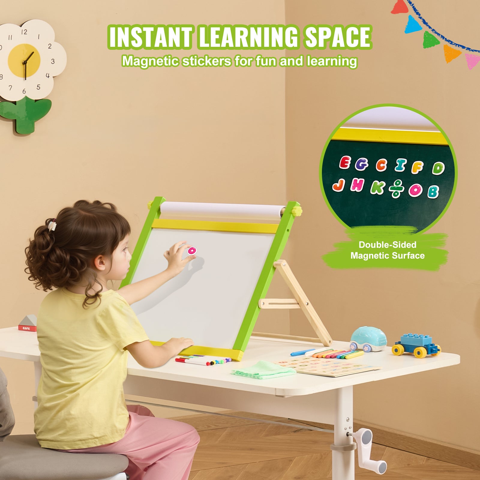 chevalet d'art de bureau pour enfants,VEVOR chevalet en bois réversible 3 en 1 avec tableau magnétique,papier à rouler,pliable,avec accessoires - 4