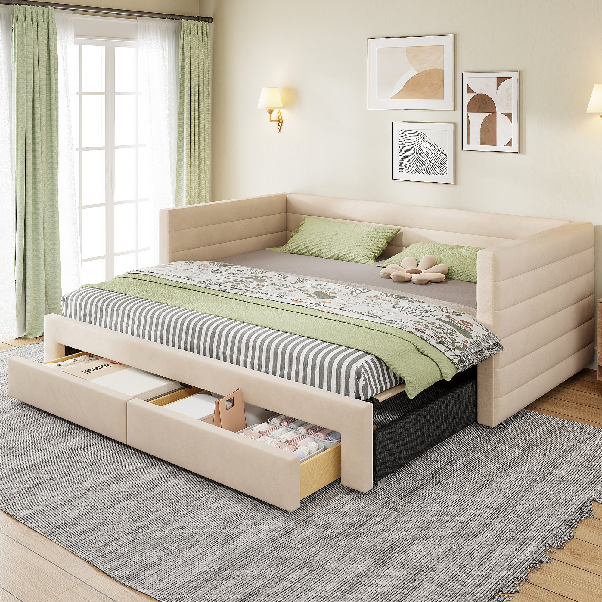 Łóżko wysuwane 90/180 x 200 cm z zagłówkiem, sofa rozkładana - Tkanina lniana - Beżowy (Materac nie jest wliczony w cenę)