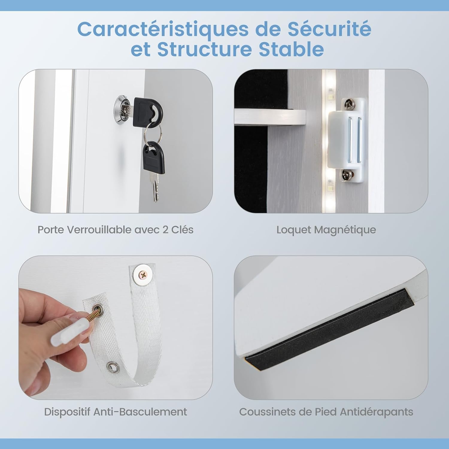 Armoire à Bijoux avec Miroir, Armoire de Rangement sur Pied pour Boucles d'Oreilles, Organisateur de Bijoux Verrouillable avec Lumières(Blanc) - 6