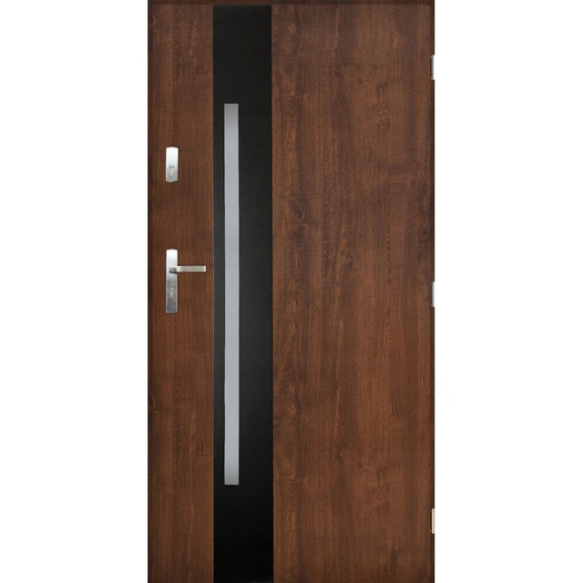 Porta de entrada HELIOS 90 cm 72 mm em aço inoxidável em 3 cores - Cor: Nogueira - Sem maçaneta e fechadura - Puxador: Esquerdo