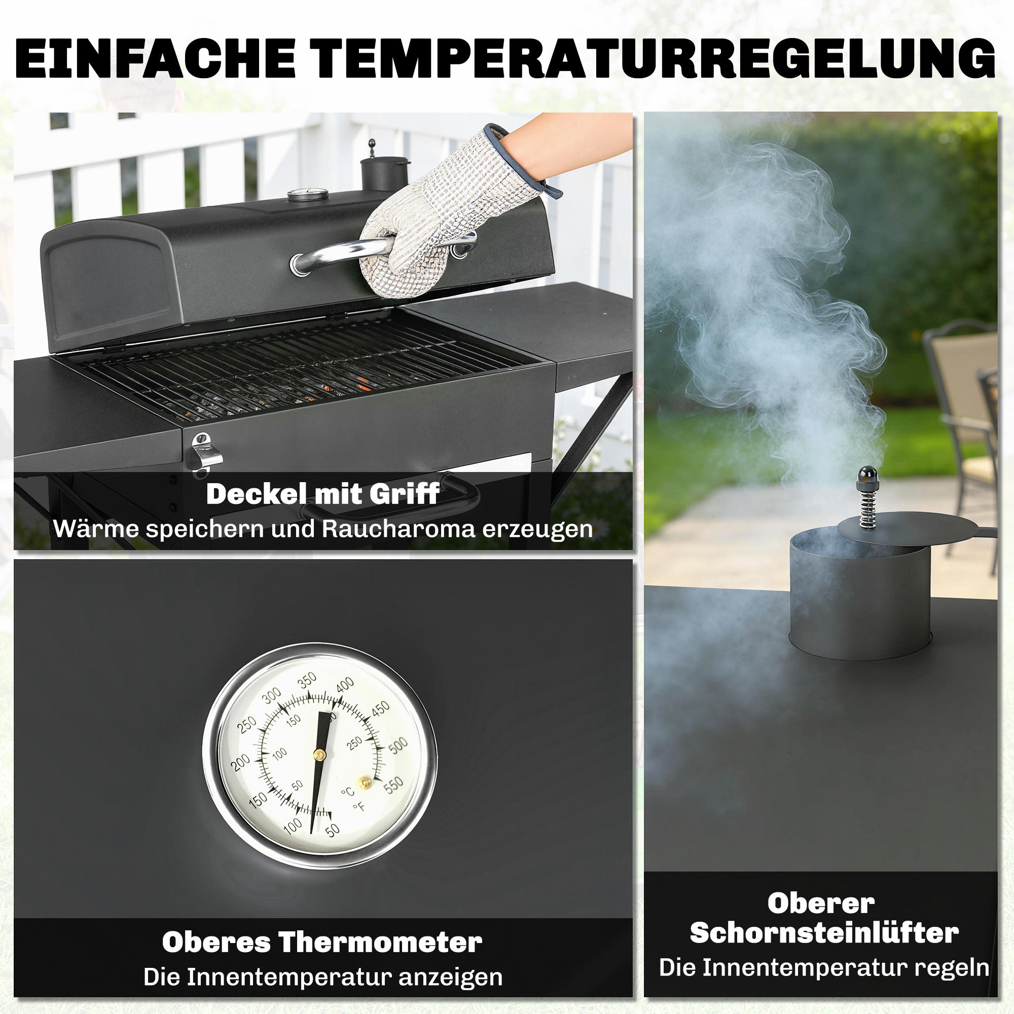 Barbecue à charbon avec couvercle, fumoir avec 2 tablettes latérales, grande surface de cuisson, grille, thermomètre, roulettes - 7