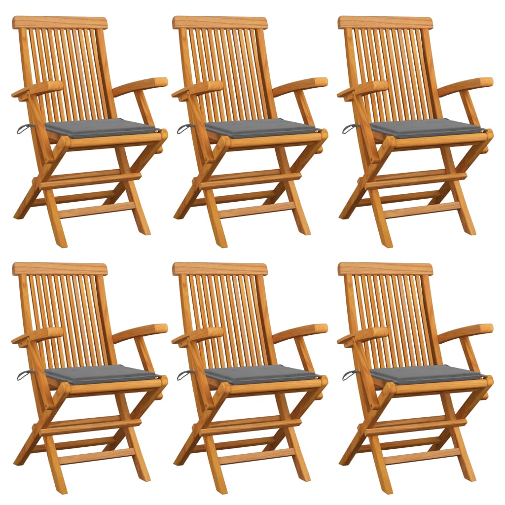Chaises de jardin avec coussins gris 6 pcs Bois de teck massif - 2