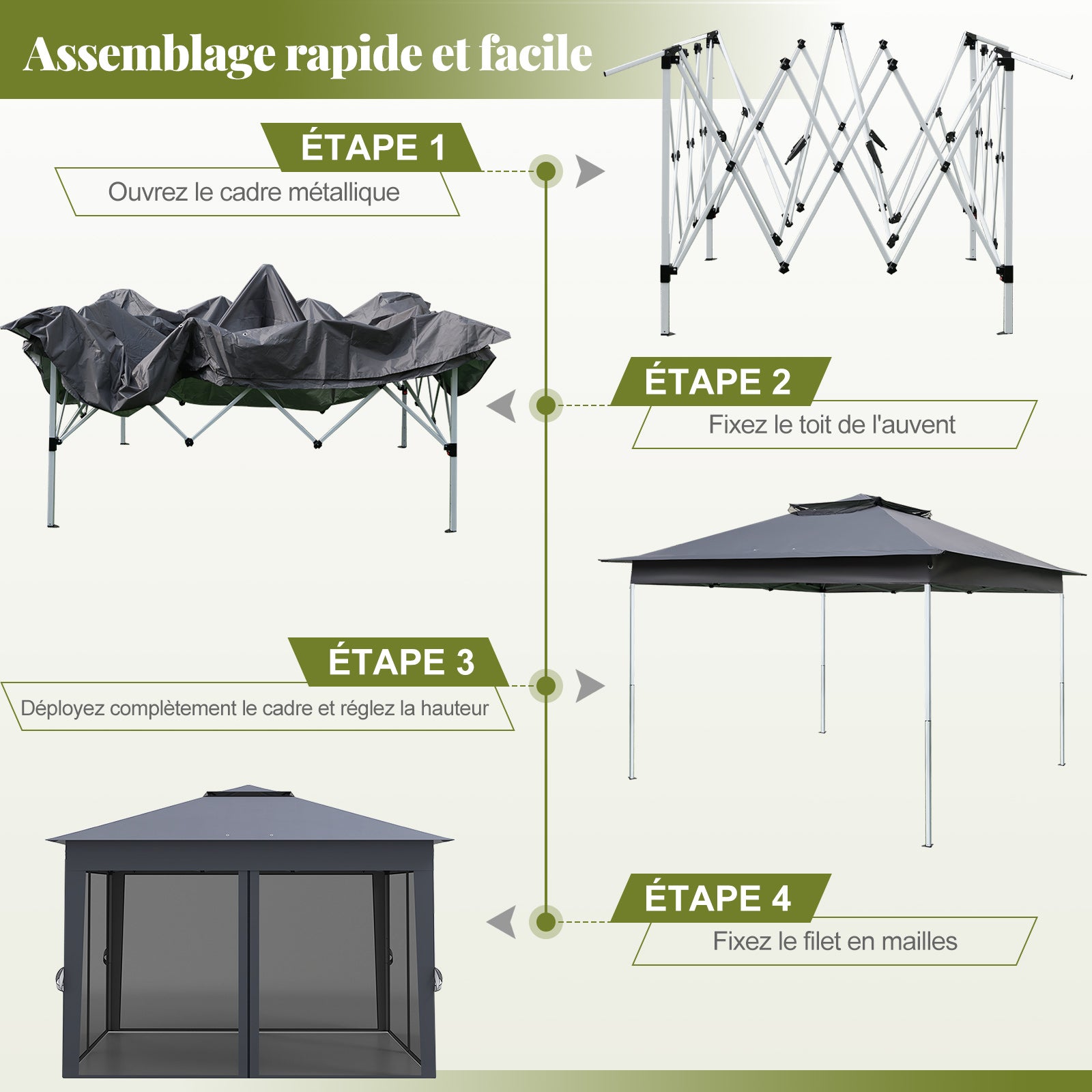 Tonnelle de Jardin 337 x 337 CM avec Filet en Maille 4 Côtés, Instantanée à Double Toit avec Sac de Transport Protection Solaire, Gris - 6