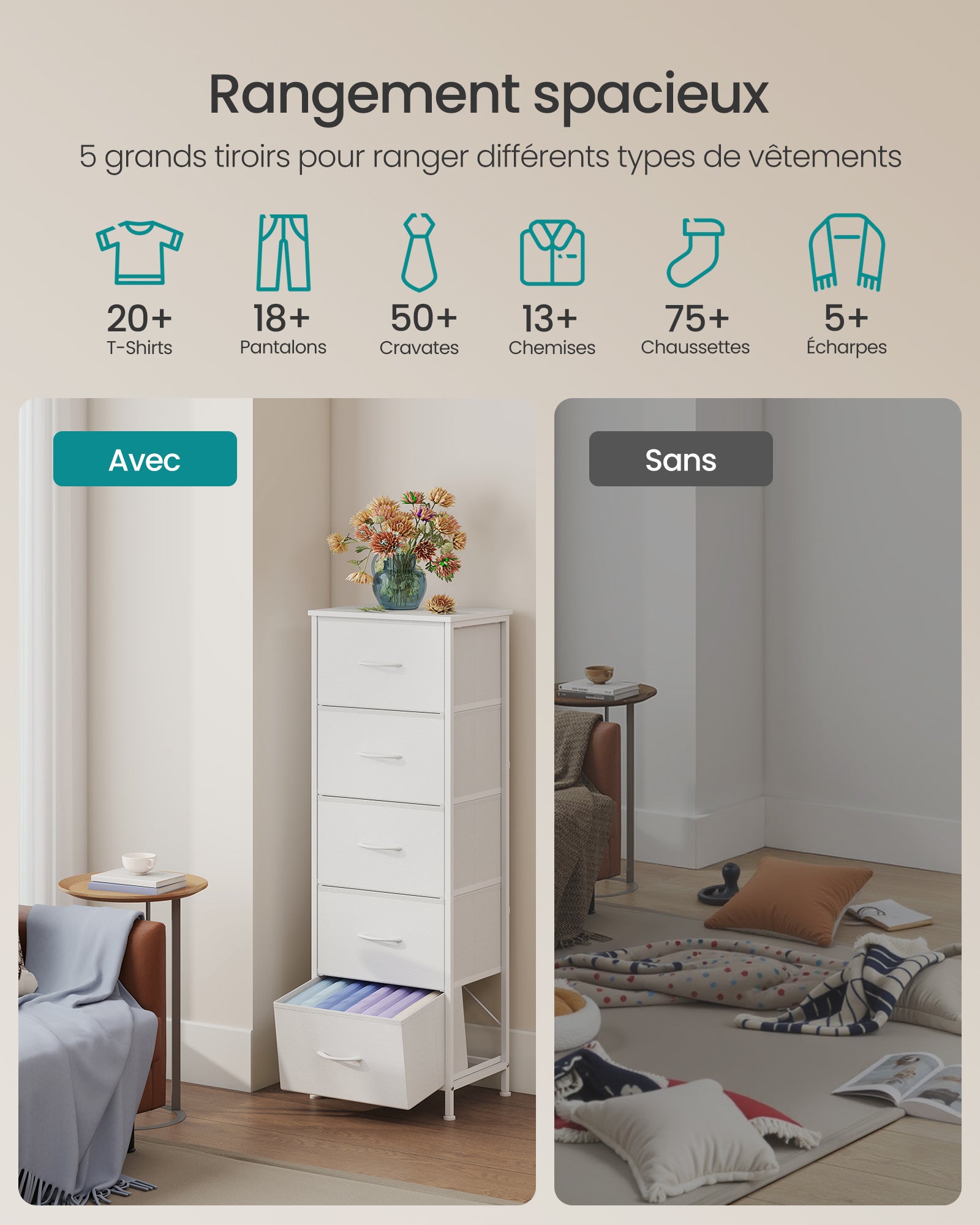 Commode 5 Tiroirs, Meuble de Rangement pour Chambre, Acier, Panneau MDF, Tissu non-tissé, pour Couloir, Entrée, Salon, Blanc Nuage et Blanc Neige - 3