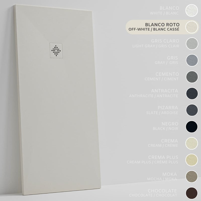 SOULHOME Brodzik prysznicowy– Żywica– Gel Coat– Gładka/Kamienna tekstura – Antypoślizgowy – Kolor złamana biel – 150x80- Niski 3 cm– SAME