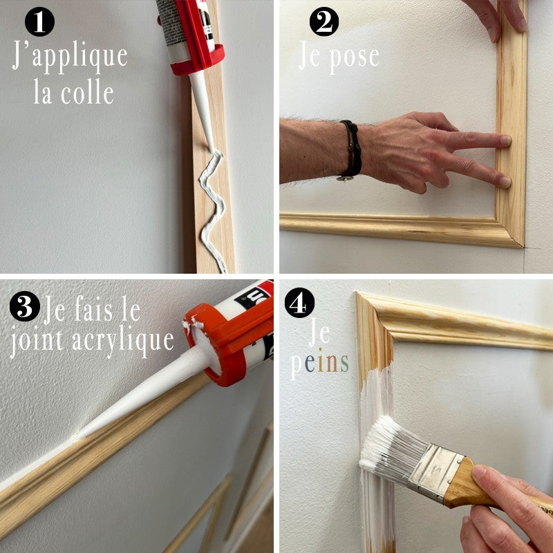 Kit de 4 moulures murales en bois Pin des Landes - Prêt à coller et peindre - Antoinette - 4 mètres - 7