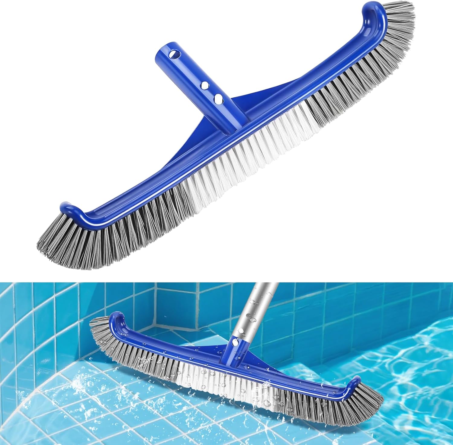 Szczotka do czyszczenia basenu o szerokości 43 cm, szczotka z nylonowym włosiem o zakrzywionych końcach, szare i białe włosie, odpowiednia do basenów