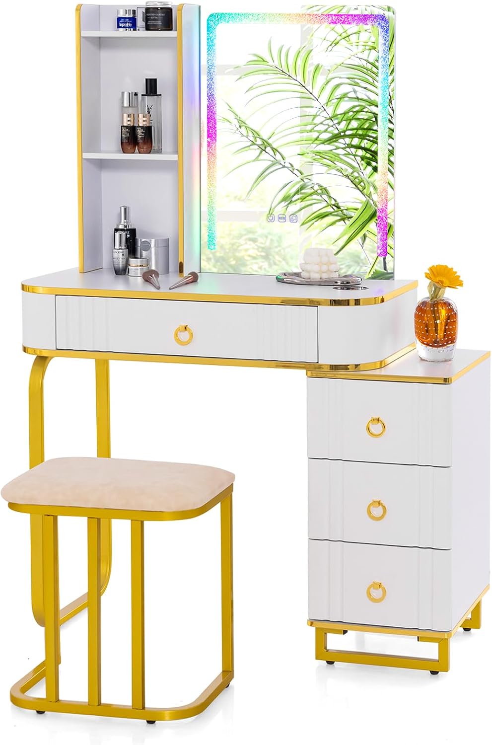 Toeletta da Trucco con Specchio e Luci, Tavolo da Trucco con Sgabello, Porta 7 Luci LED Dinamiche e 7 Luci Statiche Dimmerabili, Porte USB e 4 - 9
