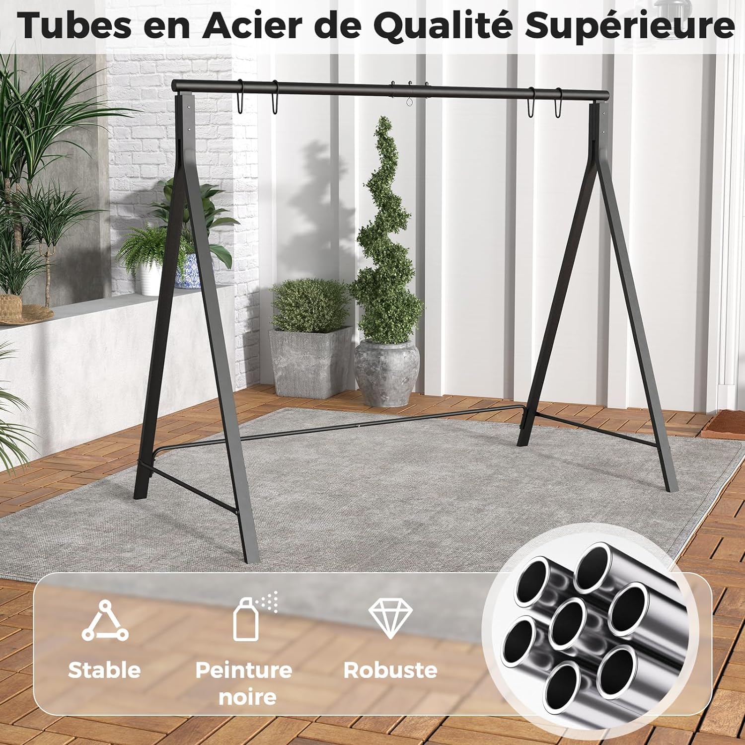 Portique Balançoire Extérieur,Support Balançoire Porche en Métal, Cadre de Balançoire,Capacité 160 kg /120 kg (210x110x175CM,Noir) - 4