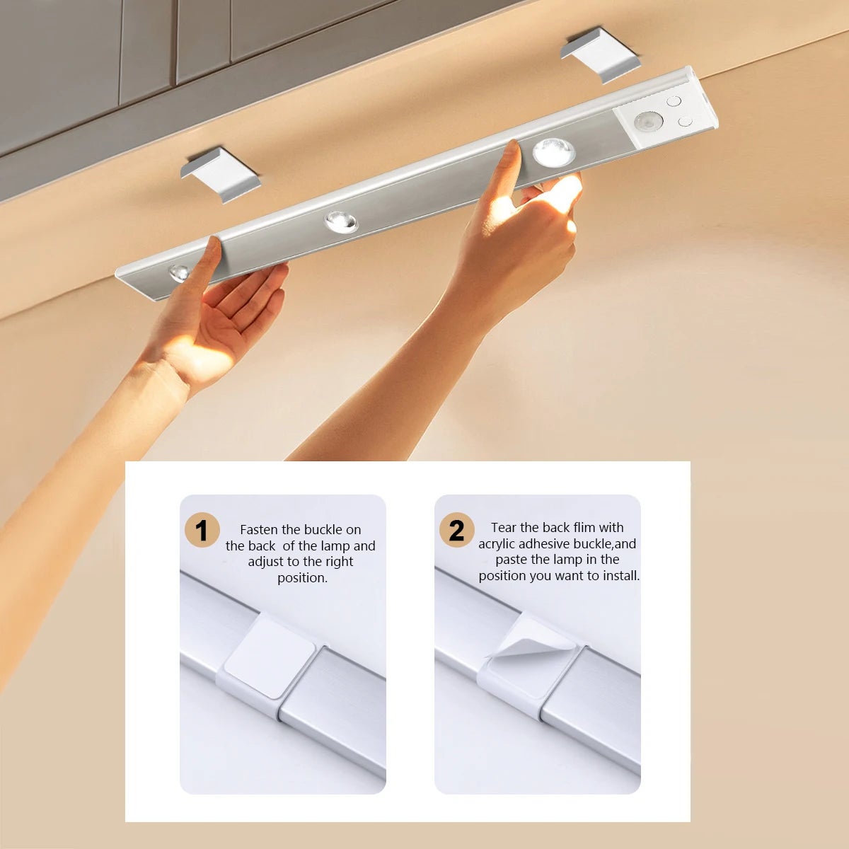 Luz debajo del gabinete con sensor de movimiento, luz de armario regulable de 40 cm, luz magnética recargable, luz nocturna de cocina, plateado - 8
