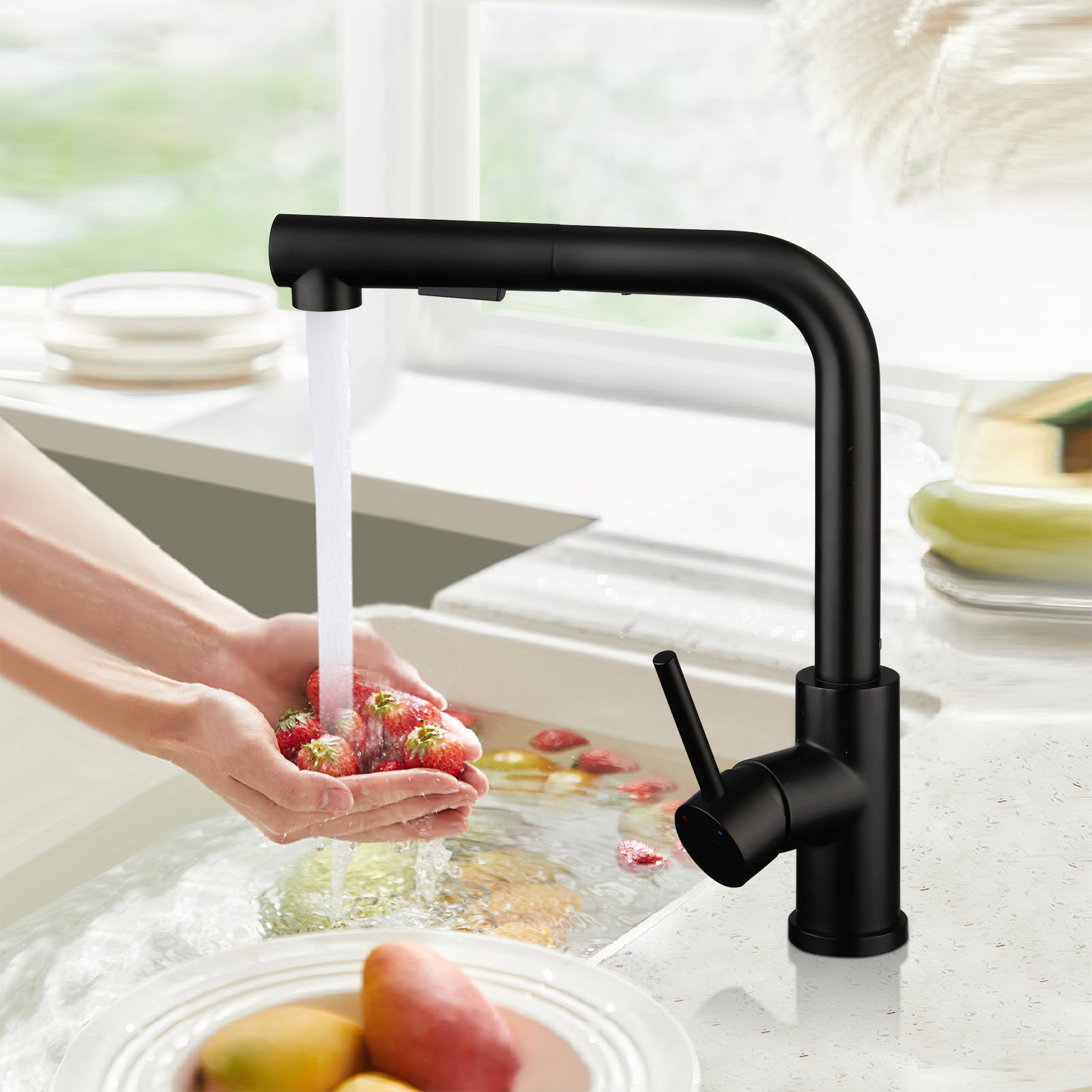 LOVHAUS Bateria Kuchenna Czarna, Bateria Obrotowa 360° z Dwoma Natryskami, Bateria ze Stali Nierdzewnej