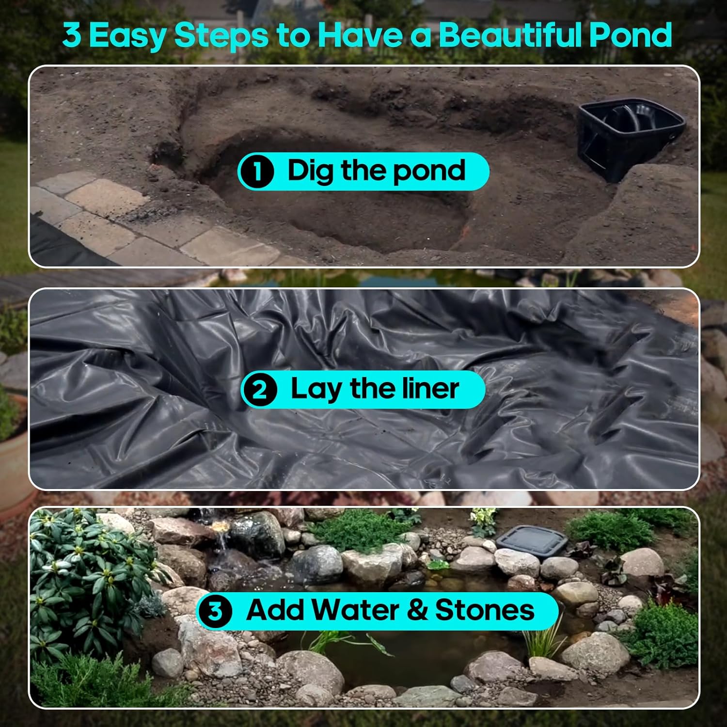 Bâche pour bassin à poissons, bâche pour piscine, bâche préfabriquée, adaptée aux étangs, au jardinage, 1,2 m x 2,1 m x 0,2 mm, noire - 5