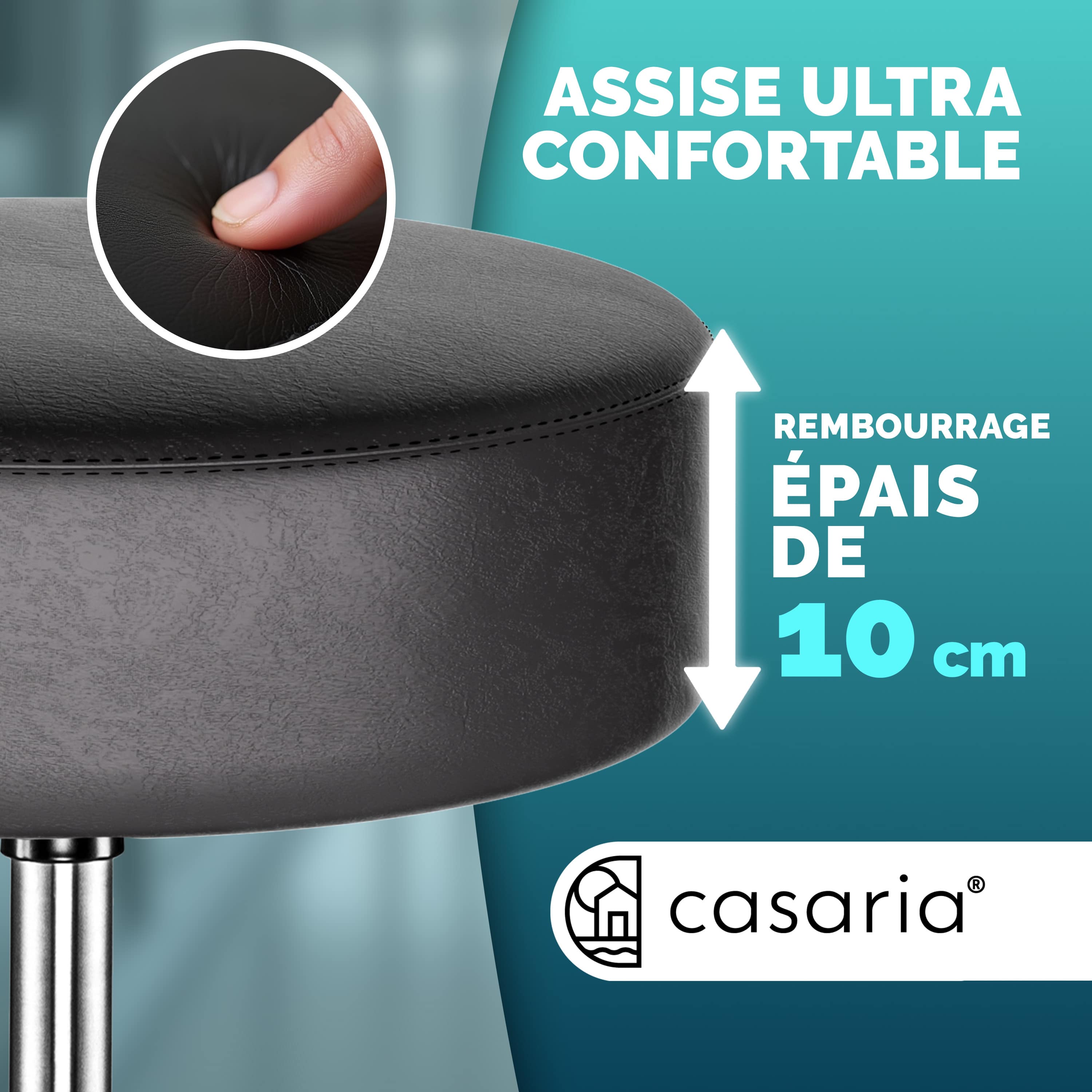 CASARIA® Tabouret Roulettes Pivotant 360° - Tabouret de Bureau Ergonomique Réglable 46-60 cm - Similicuir - Charge Max. 150 kg - Rembourrage Épais - 2
