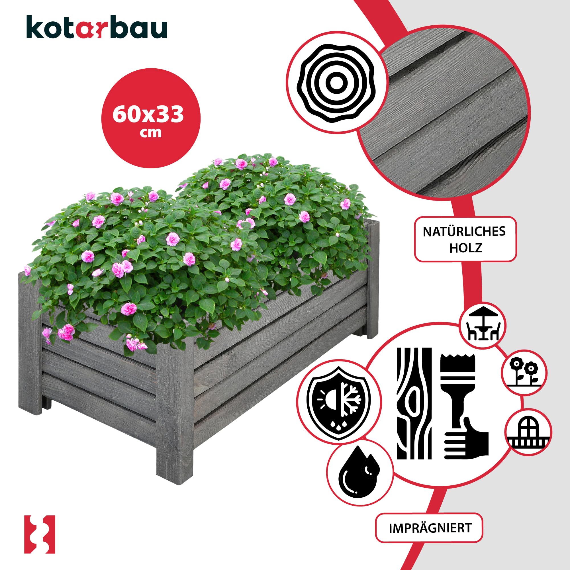 KOTARBAU Pot de fleurs en bois 60 x 33 x 25 cm Jardinière en pin carbonisé Pot de plantes Jardinière - Idéal pour jardin terrasse balcon - Anthracite - 4