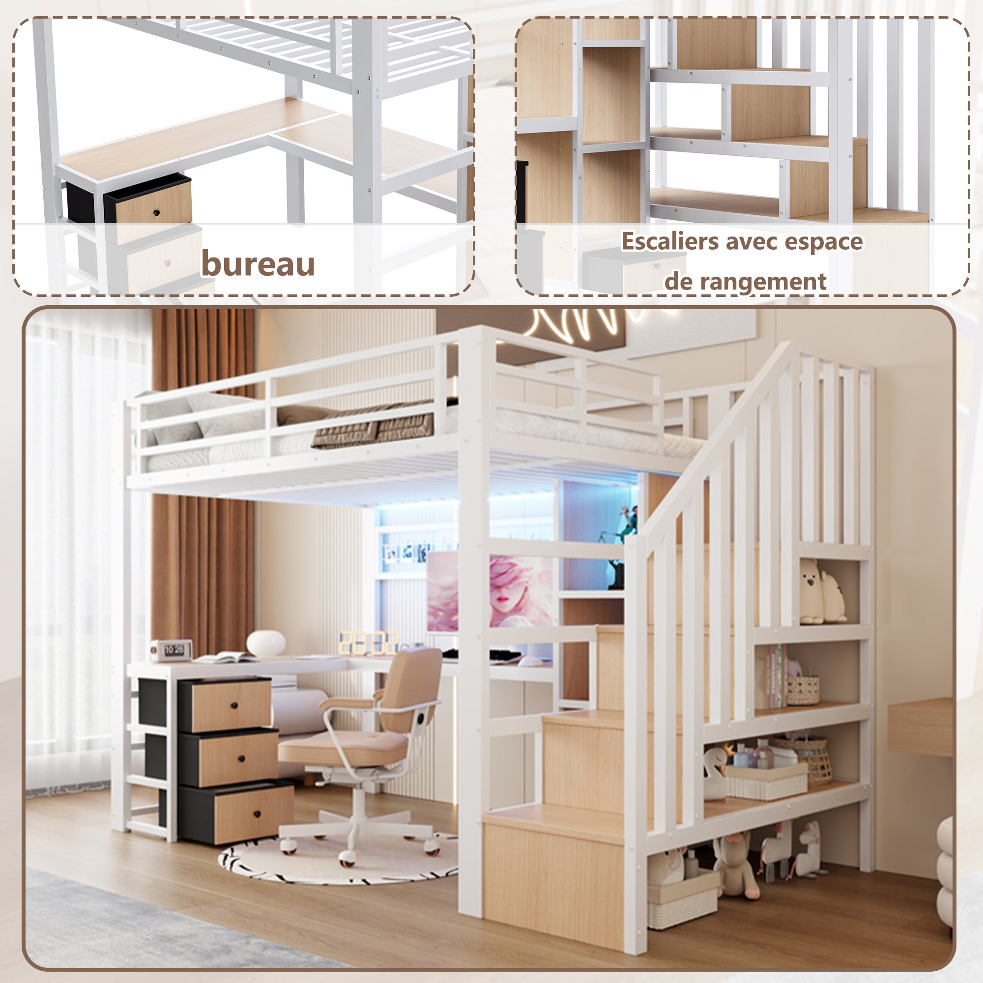 Lit mezzanine 90 x 200 cm avec bureau intégré, Lit simple structure en fer avec penderie LED, 4 tiroirs et escalier de rangement, sans matelas, Blanc - 8